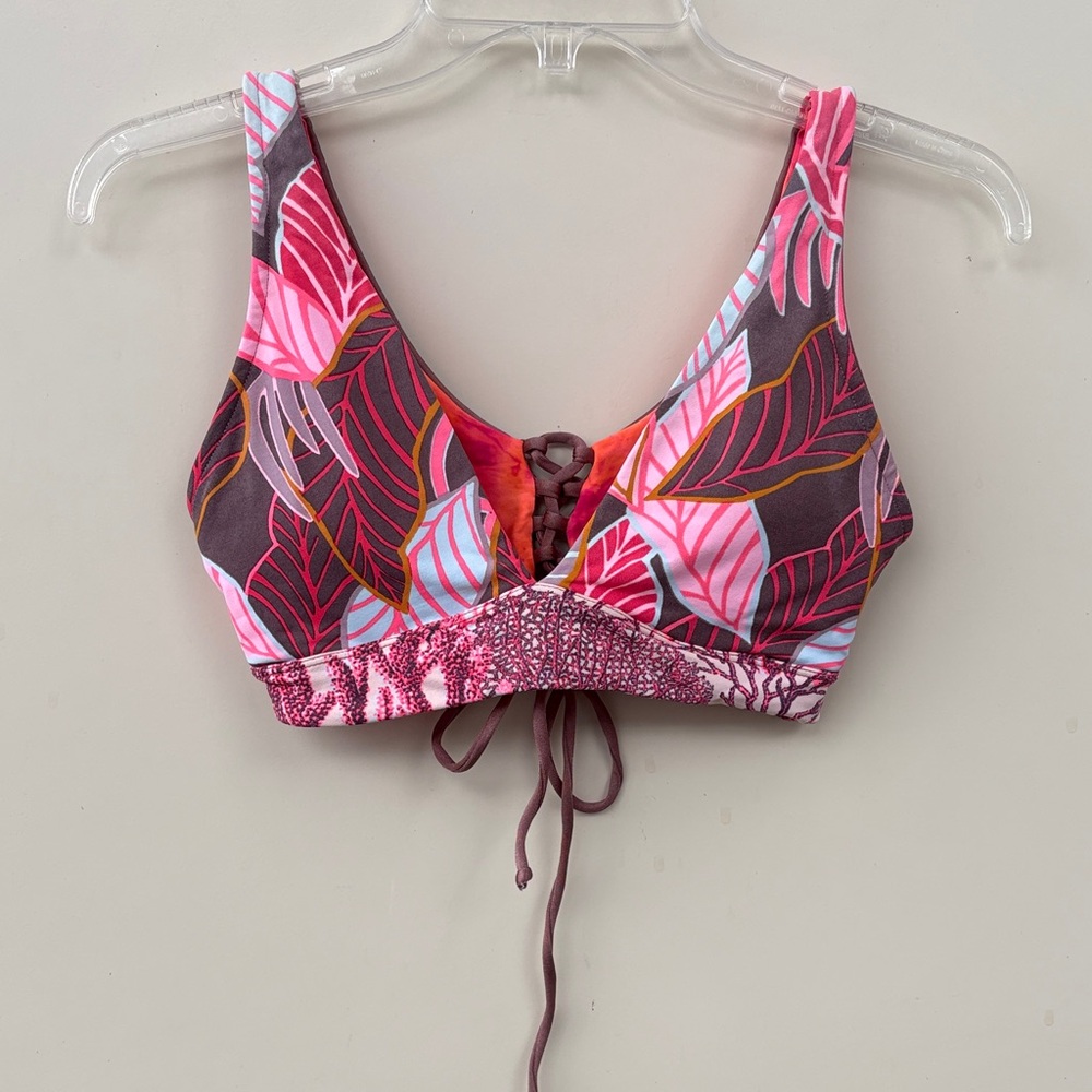 Maaji Pink and Mauve Leaf-Print Lace-Up Sports Bralette